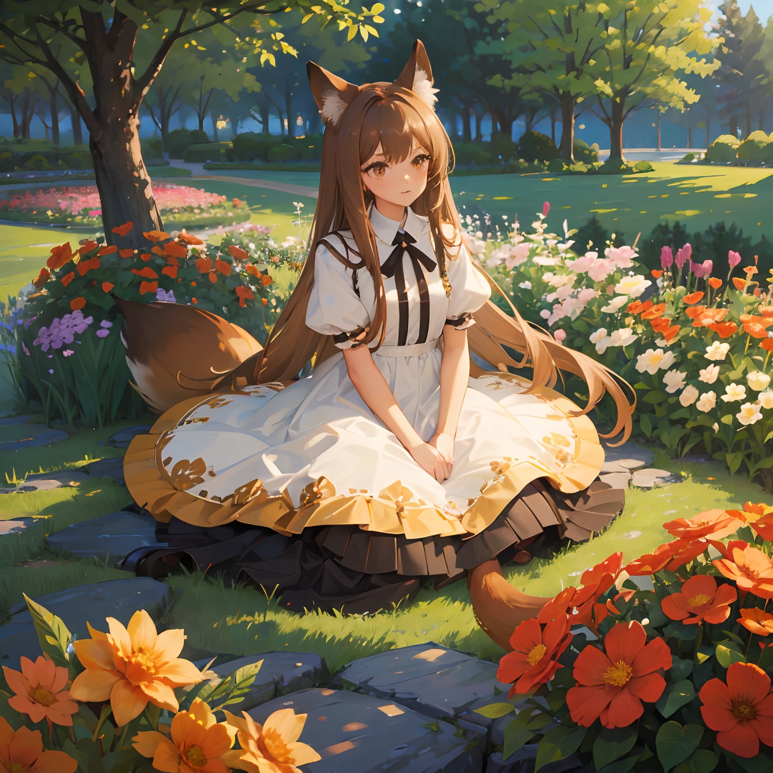 Anime girl sitting in a garden with a cat and flowers - SeaArt AI