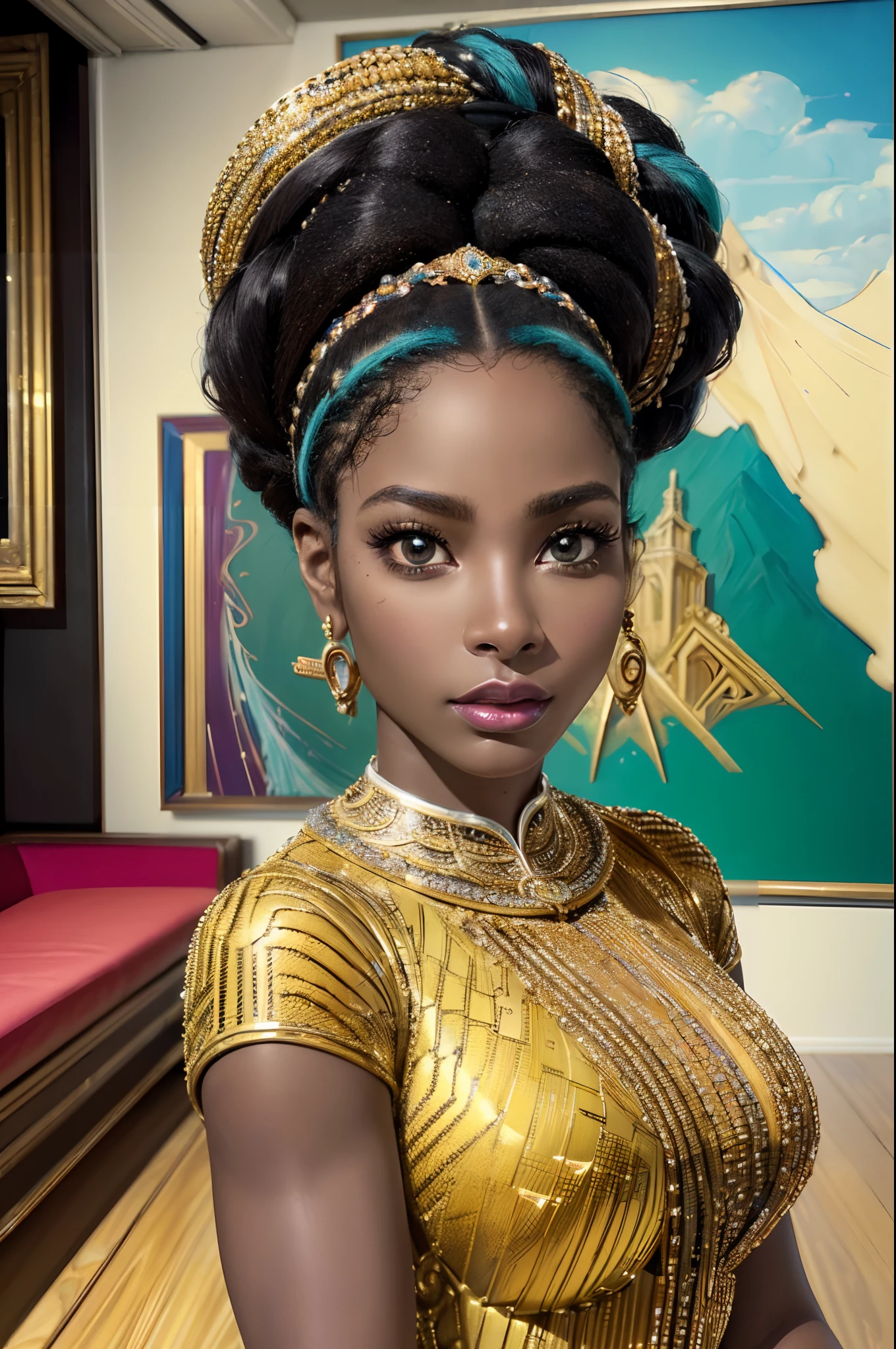 (melhor qualidade,4K,8K,alta resolução,obra de arte:1.2),Ultra-detalhado,(arte,carteoon color:1.37), HDR, linhas grossas, retratos, Mulher afro-americana, Pele escura, pose elegante, sensual, belas curvas, detalhes intrincados, penteado elaborado, características faciais fortes, Olhos hipnotizantes, lábios carnudos, Pele macia, Alto contraste, iluminação dramática, cores vibrantes