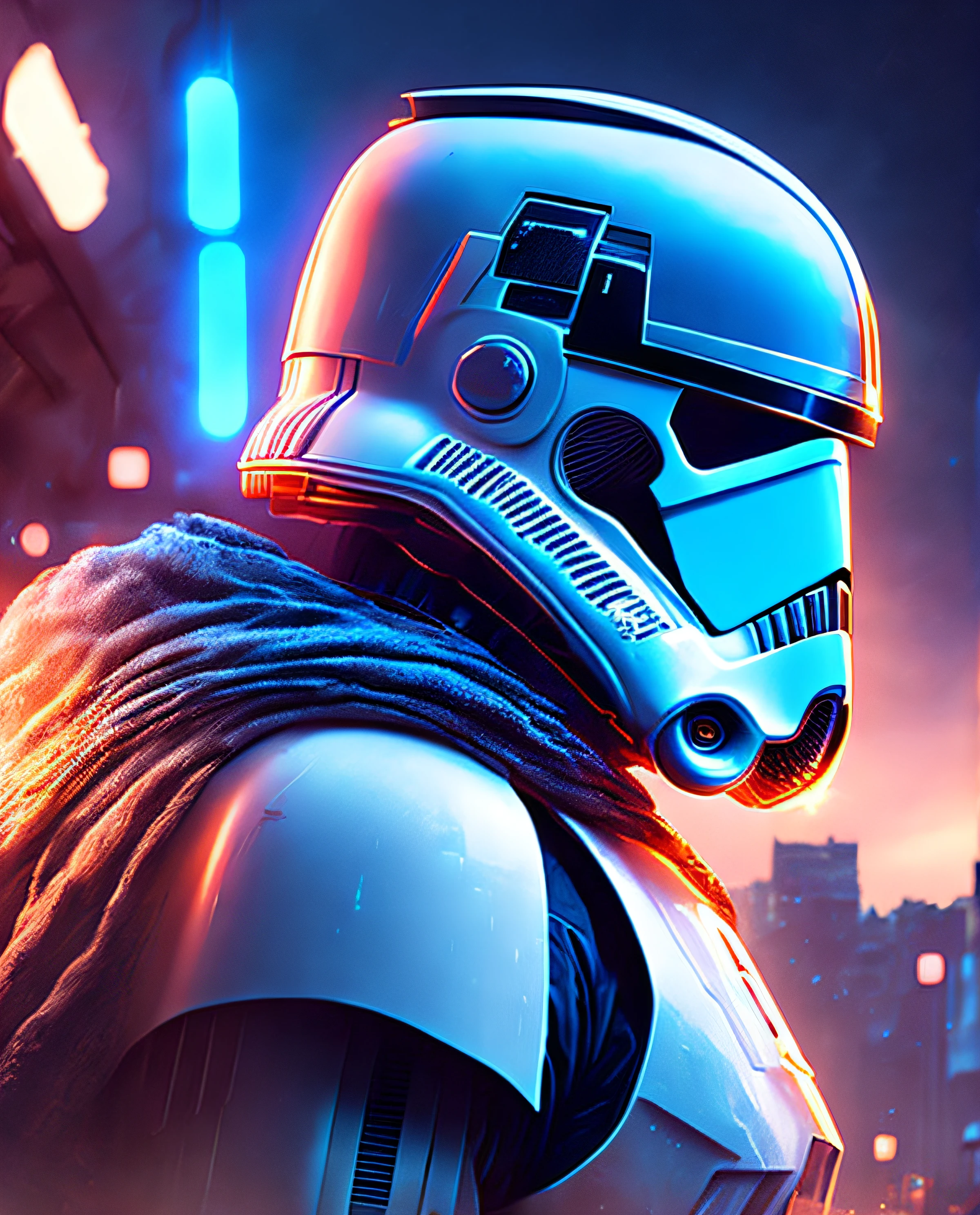 A close up of a star wars trooper helmet on a city street - SeaArt AI