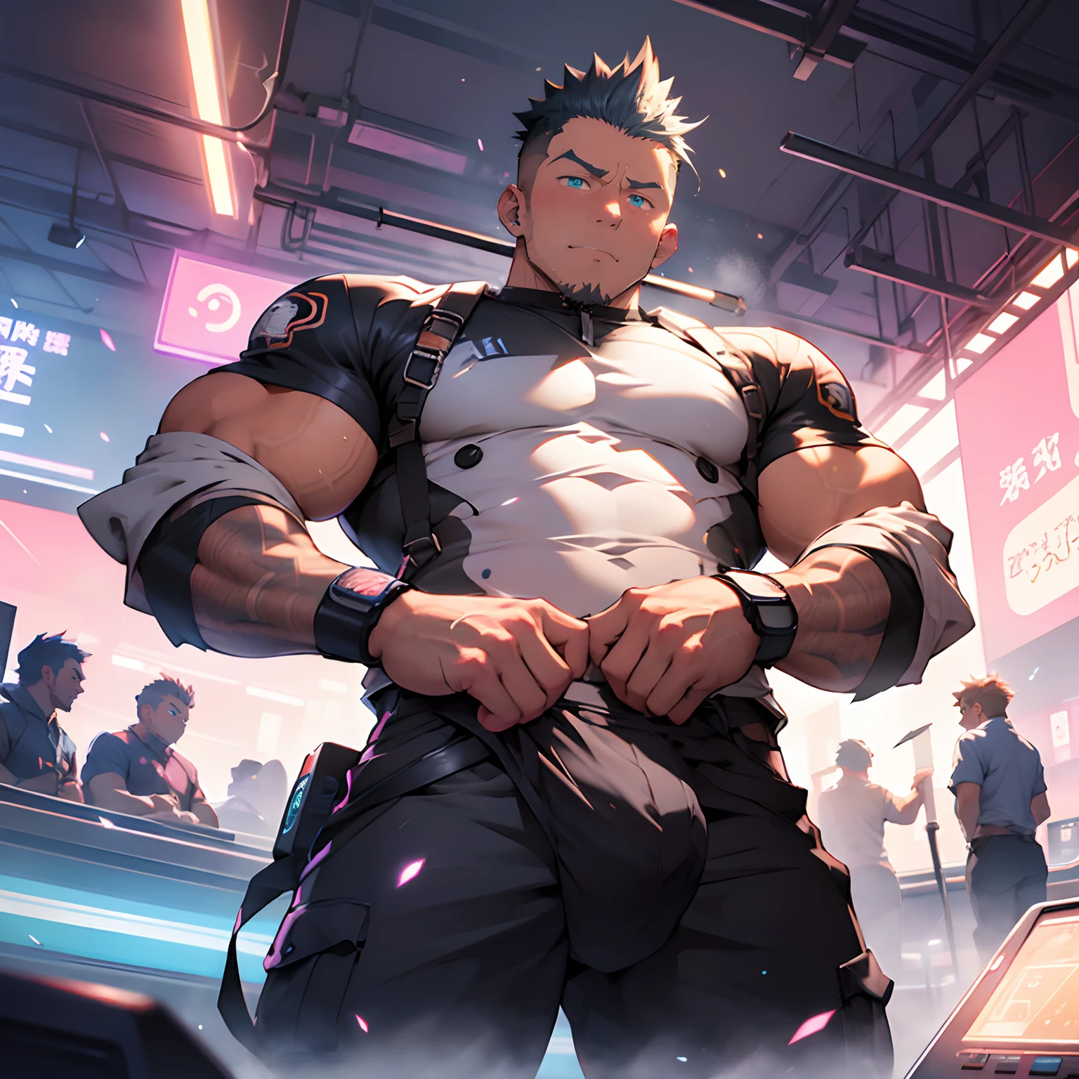 neon lights effects, super high resolution kawaii moe anime 8k, undercut, faux hawk, muscular, elevate the crotch, pitch a rounded huge tent