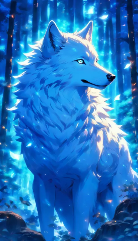The most beautiful and enchanted wolf spirit, white fur, glowing blue eyes, in the most beautiful enchanted forest, highly detailed, perfect masterpiece, high quality, high resolution, one white wolf