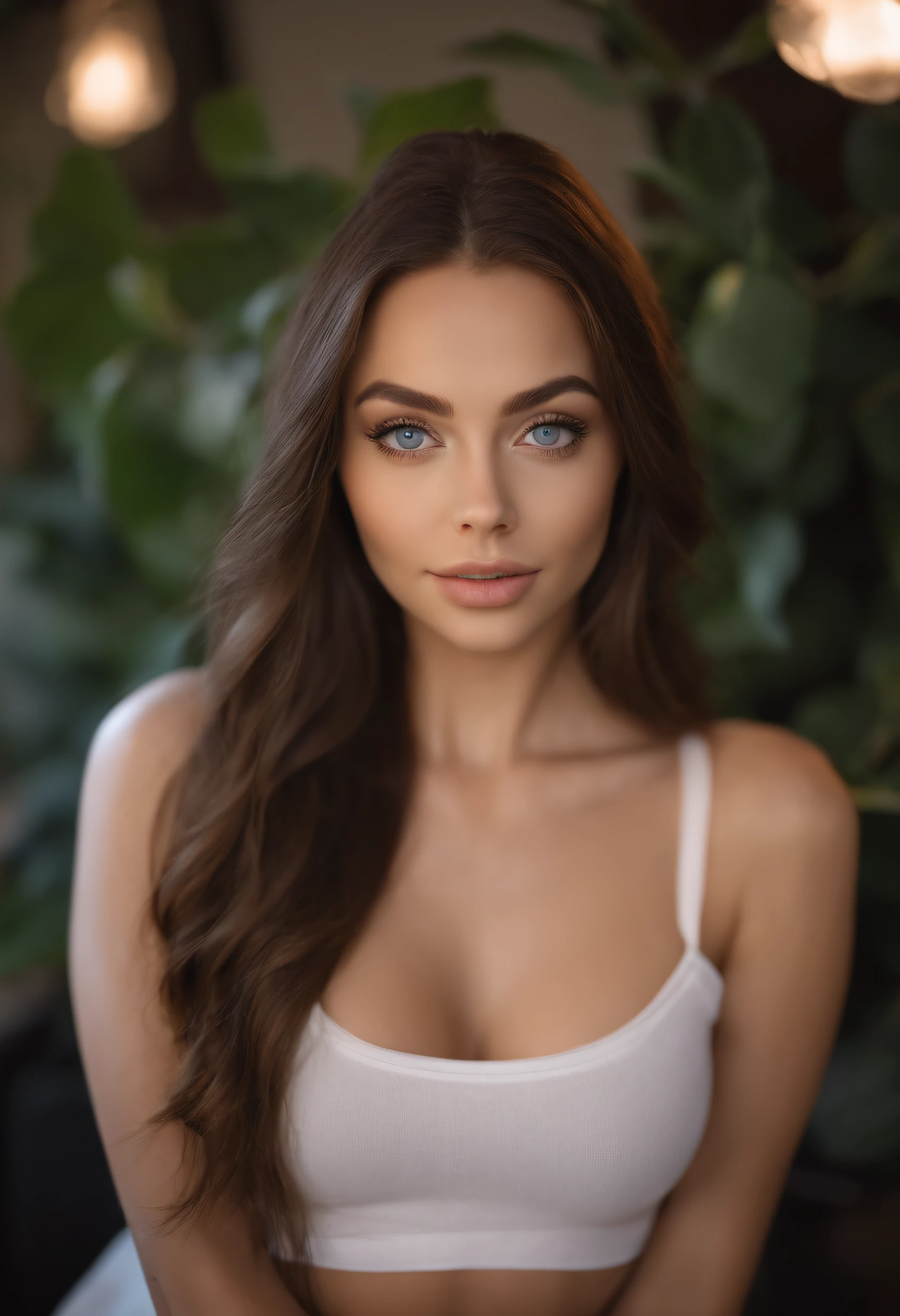 A woman with long brown hair and a white bra top - SeaArt AI