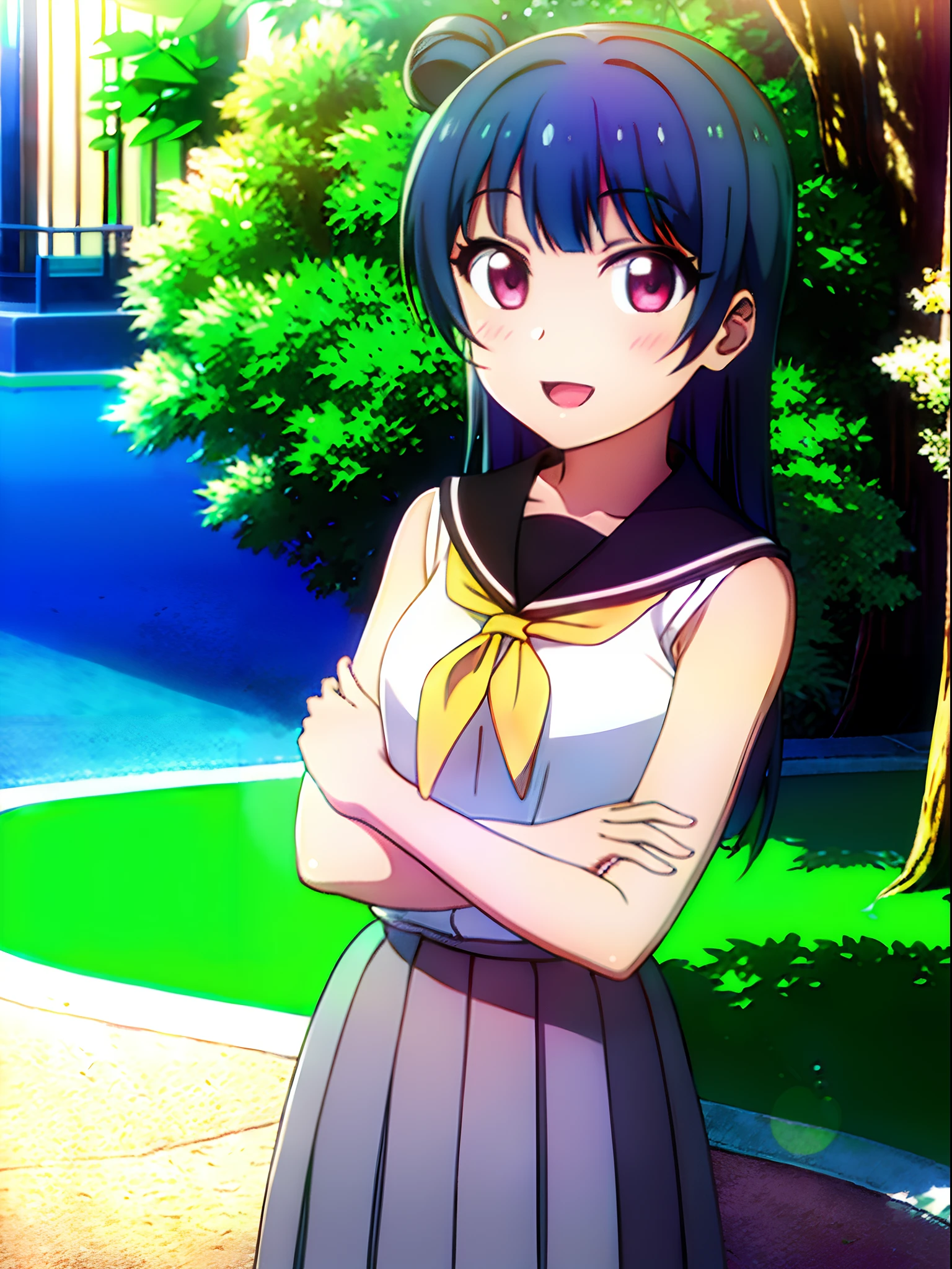 (masterpiece, best quality, ultra-detailed), (illustration), (beautiful detailed eyes), (1girl), (solo), tsushima yoshiko, purple eyes, blue hair, single hair bun, long hair, looking at viewer, open mouth, bangs, shirt, school uniform, pleated skirt, serafuku, sleeveless, neckerchief, grey skirt, yellow neckerchief, uranohoshi , outdoors,