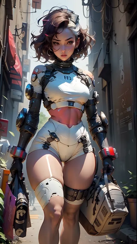 Woman body defined thick thighs cybernetic body parts, short underwear, glowing, urban warzone,