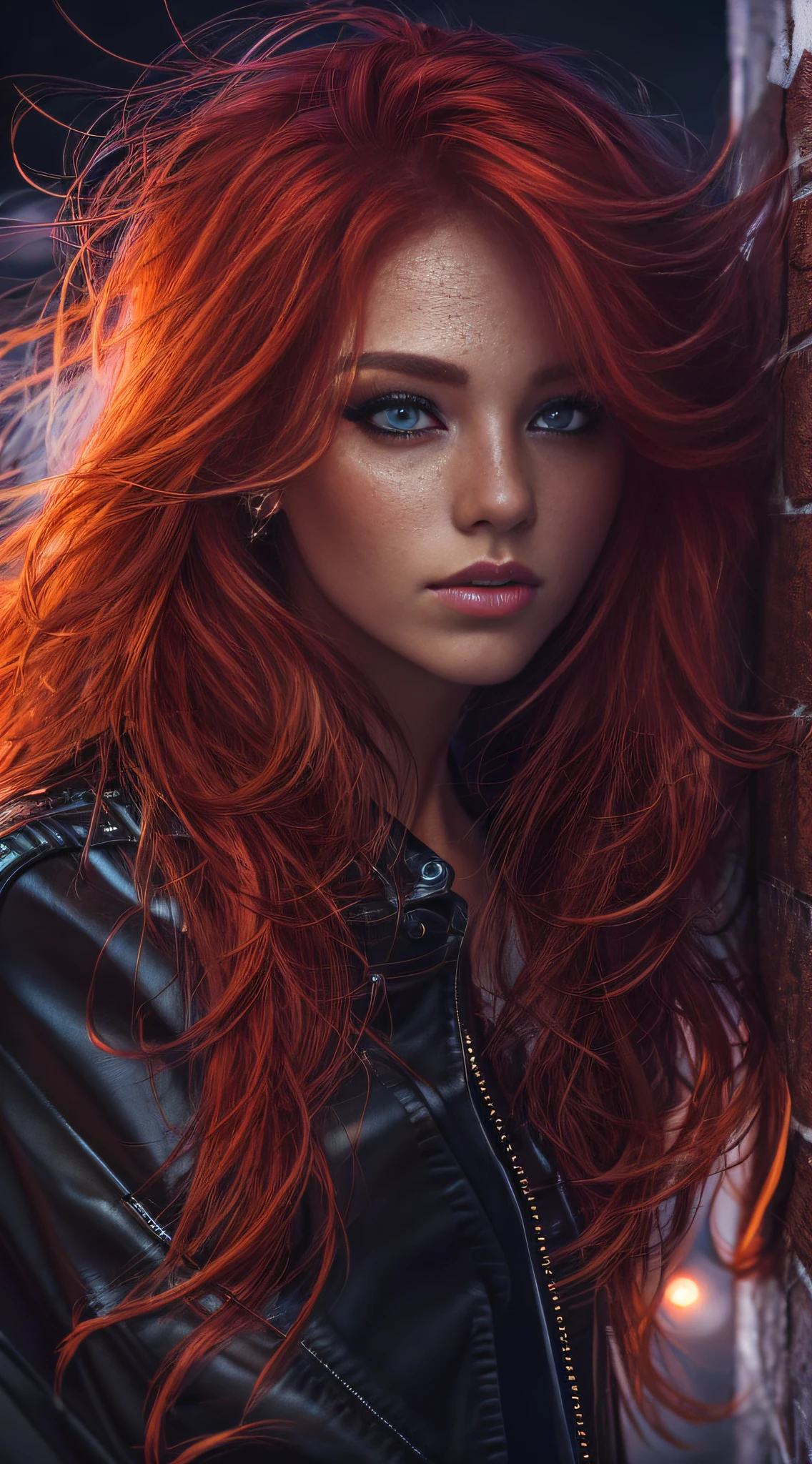 A woman with red hair and blue eyes leaning against a brick wall ...