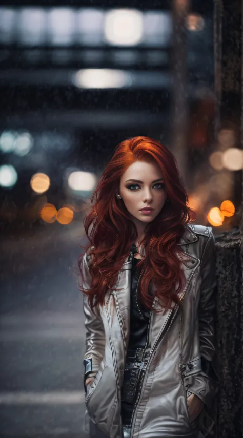 (best quality, highres),sexy attractive redhead,black leather,outdoor,night scene,soft lighting,flowing hair,elegant,freckles,pi...