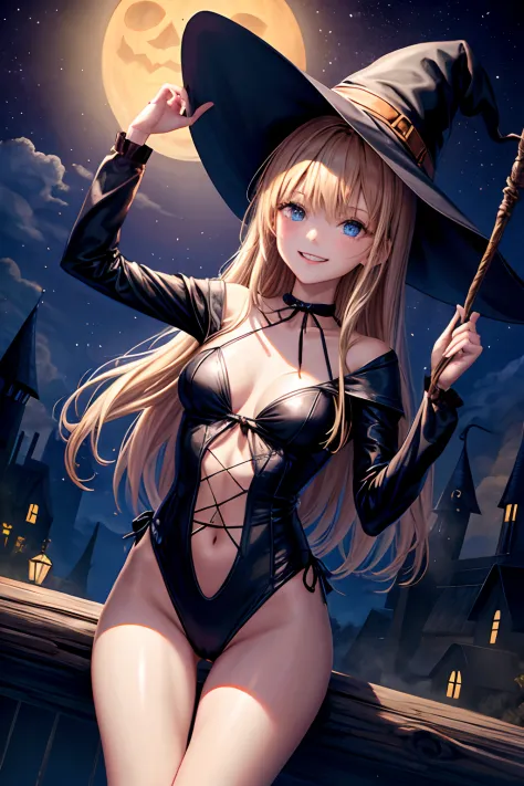 lighting like a movie、top-quality、Slender Line、Witch Swimsuit、Halloweentown at night、Holding a witch's wand、Wearing a witch's hat、a smile、Perched on the road、