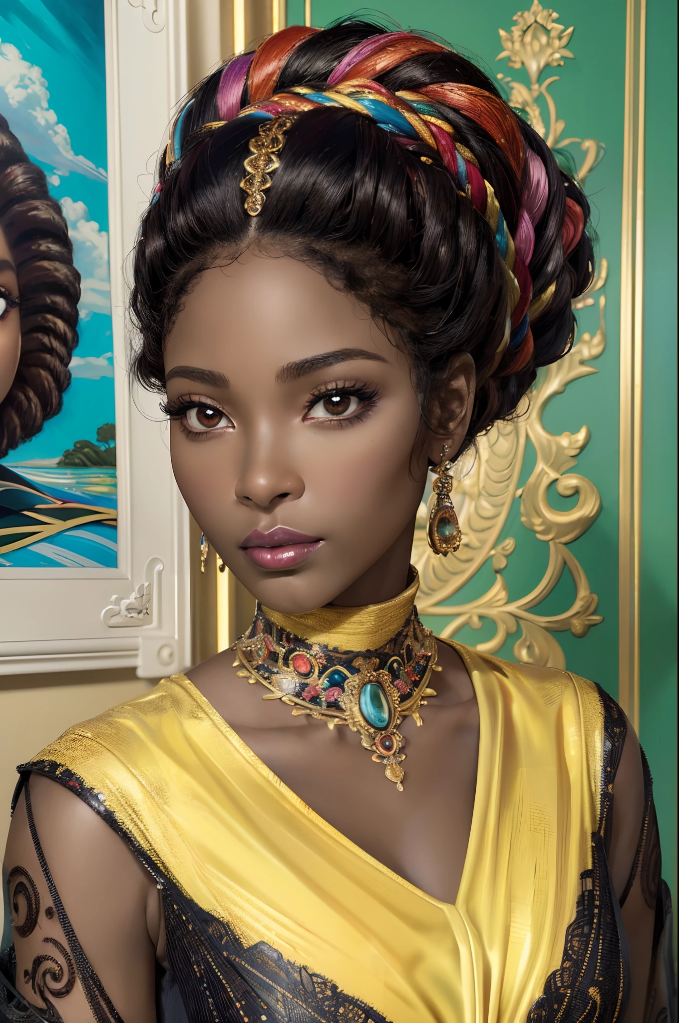 (best quality,4k,8k,highres,masterpiece:1.2),ultra-detailed,(art,cartoon color:1.37), HDR, linhas grossas, portraits, African American woman, dark skin, elegant pose, sensual, beautiful curves, intricate details, elaborate hairstyle, strong facial features, mesmerizing eyes, full lips, smooth skin, high contrast, dramatic lighting, vibrant colors