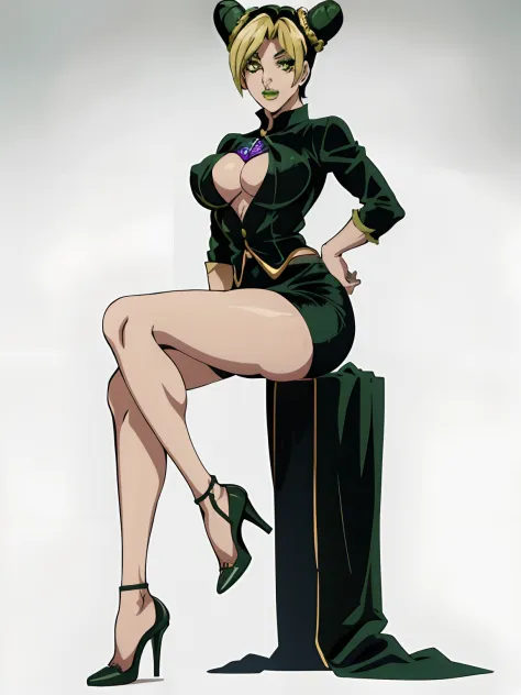 1girl, solo, jolyne, green eyes, lips, gagged mouth, looking at viewer, halterneck, simple background, full body, short hair, massive breasts, high heels, satin blouse, pencil skirt