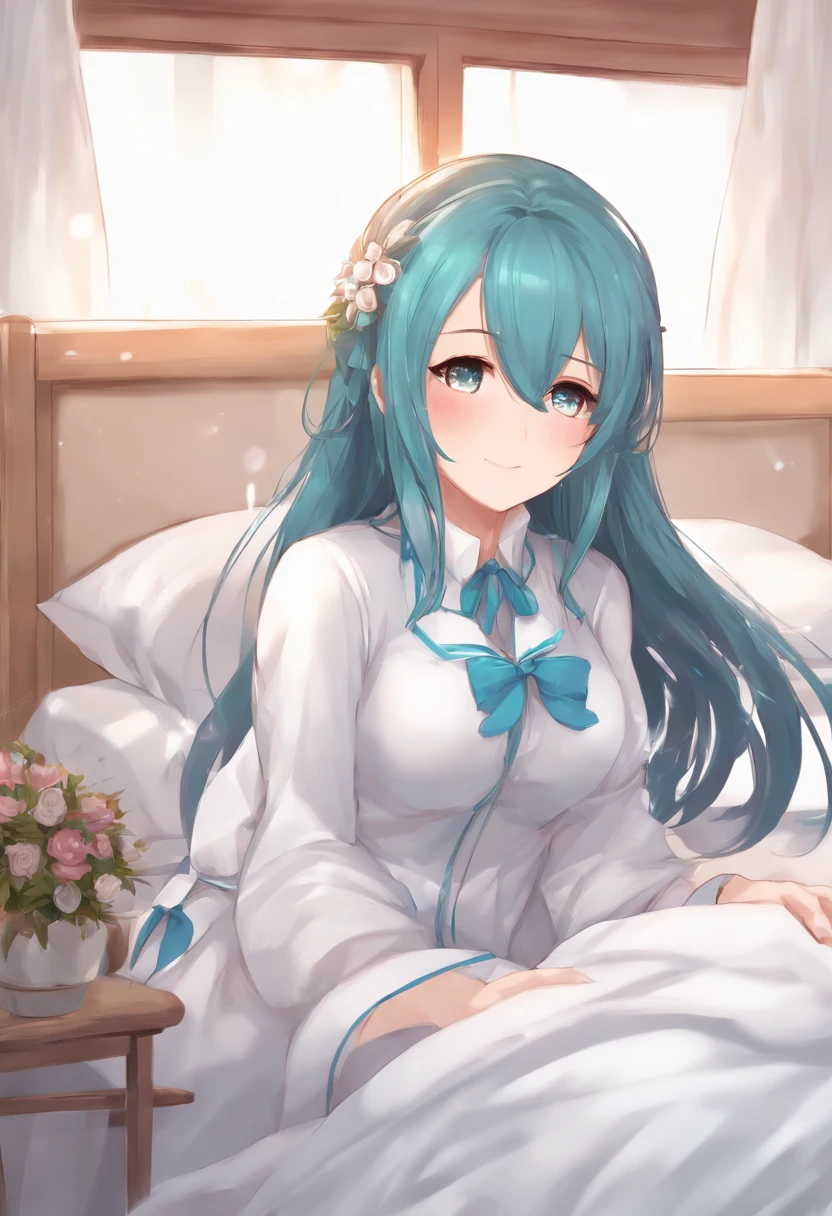 Anime girl with blue hair sitting on a bed in a room - SeaArt AI