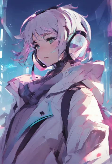 Masterpiece, Best picture quality, Extreme vividness, Anime girl with curly ponytail, petite figure, white functional coat, small, blue-purple gradient ski goggles, cyberpunk, gray hair, natural casual style, dynamic stance, golden section, portrait with l...
