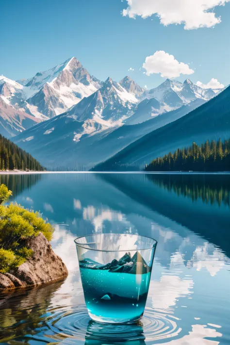 Create a fantastic, ultra-realistic image of a glass filled with crystal-clear water, captured through the lens of a 35mm camera. Draw inspiration from Ansel Adams, depicting a serene lakeside scene. The water is pristine, reflecting the surrounding mounta...
