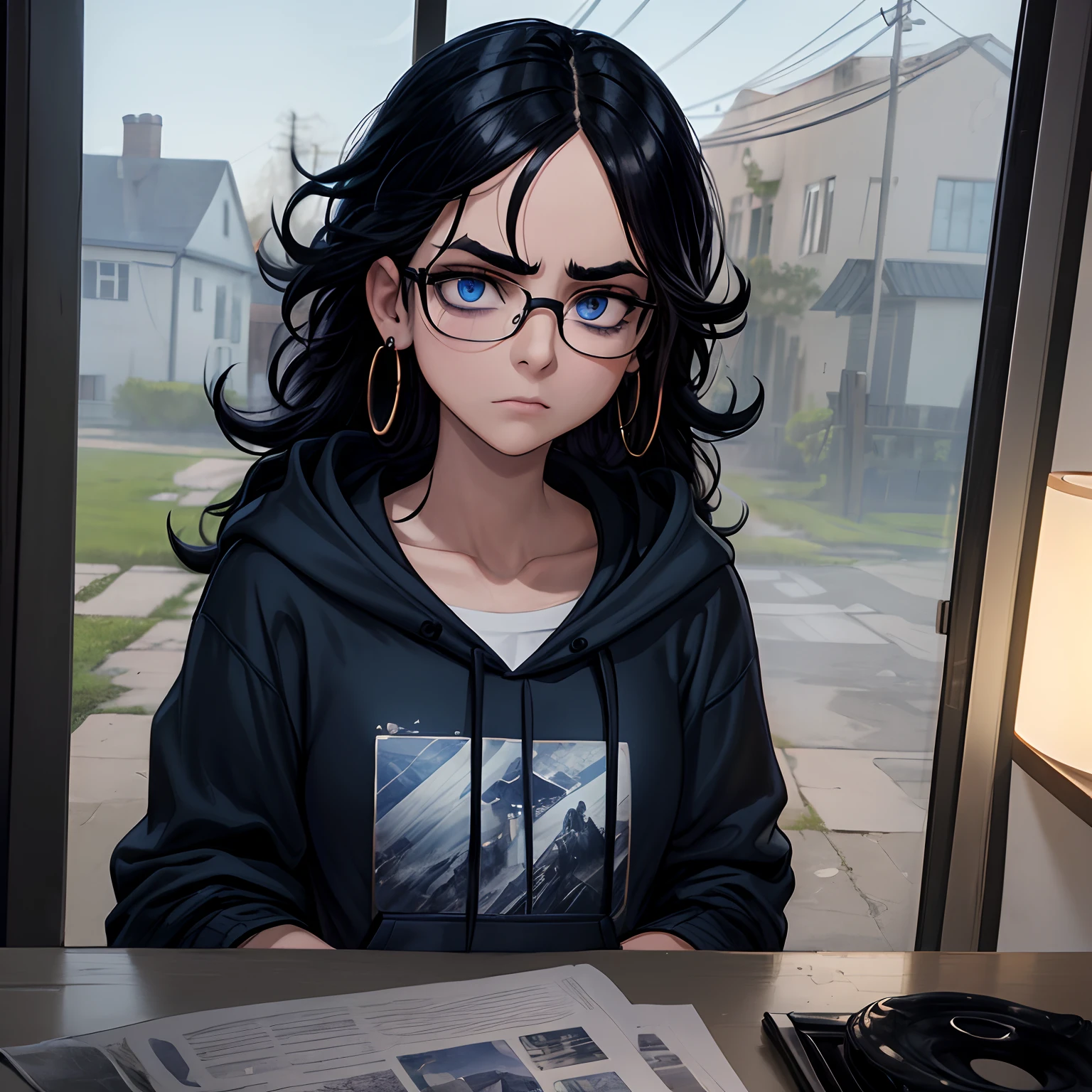 volumetric lighting, cinematic lighting, highres, masterpiece, 8k, (dark blue eyes with dark circles), tired, melancholy, depressed, detailed black hair, (messy hair), long greasy hair, disheveled, unwashed, thick eyebrows, (worn dirty hoodie), (wearing glasses), hoop earrings, cloudy sky, english countryside, country road, cold