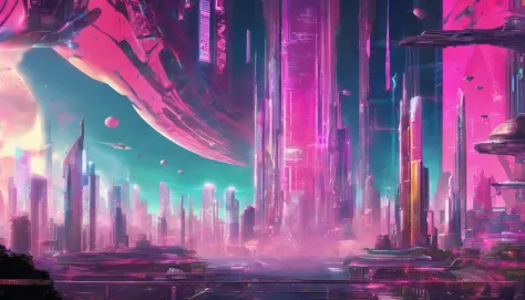 cyber punk, Cidade futuristica, planet earth, Skyscraper Cloud-piercing cyberpunk.ＳＦart by、pink colours, Utopian city、megacity、Dream、top-quality、masterpiece、Beautiful futuristic city