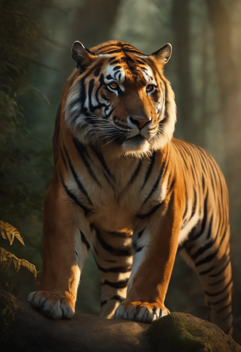 (best quality,ultra-detailed,realistic:1.37),half-tiger centaur,portraits,mythological creature,fantasy,creature anatomy,wild,ferocious,flexing muscles,striking pose,sharp teeth,long tail,flowing mane,strong and toned body,golden eyes,striking black stripes,fierce gaze,dappled sunlight,dense forest backdrop,vivid colors,graceful stance,rippling muscles,thick fur,striking combination of human and tiger features,mesmerizing presence,imposing figure,majestic,mythical beast,endangered species,mythical forest realm,anatomy study.