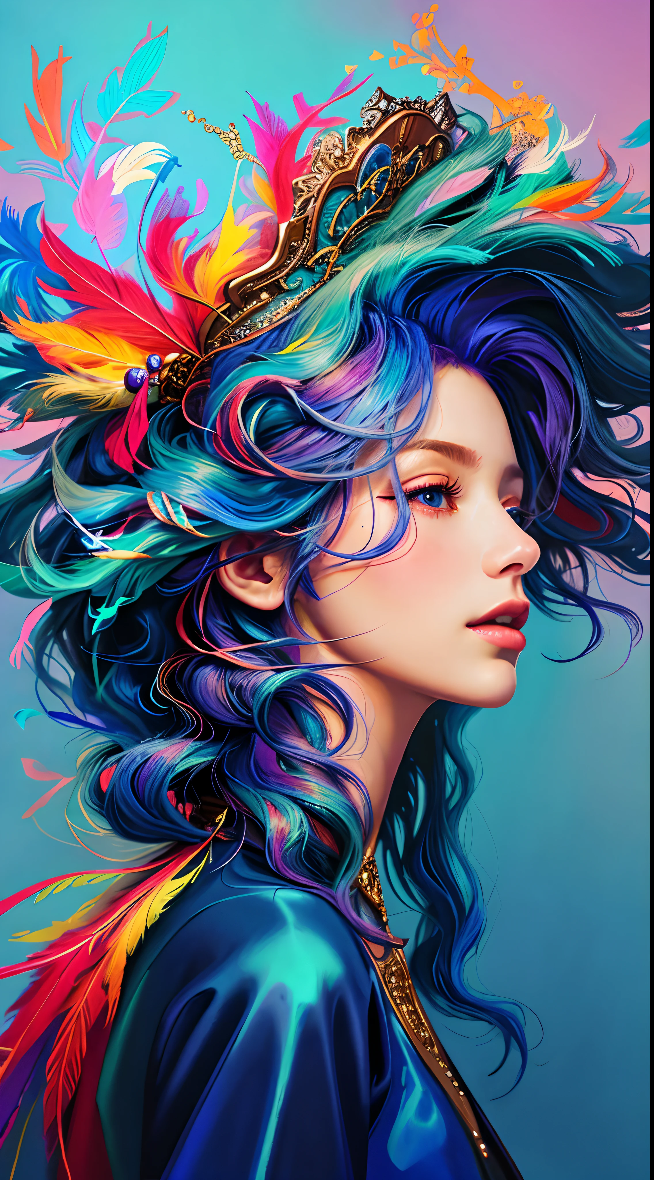 A painting of a woman with colored hair and feathers on her head, lindo arte digital, Arte de Alessandro Pautasso, exquisite digital illustration, linda arte digital linda, pintura digital colorida, arte colorida bonita!, Bela arte UHD 4K, Pintura digital vibrante, bela arte digital, full-colour illustration, arte da pintura digital, stunning digital illustration, arte de fantasia digital colorida