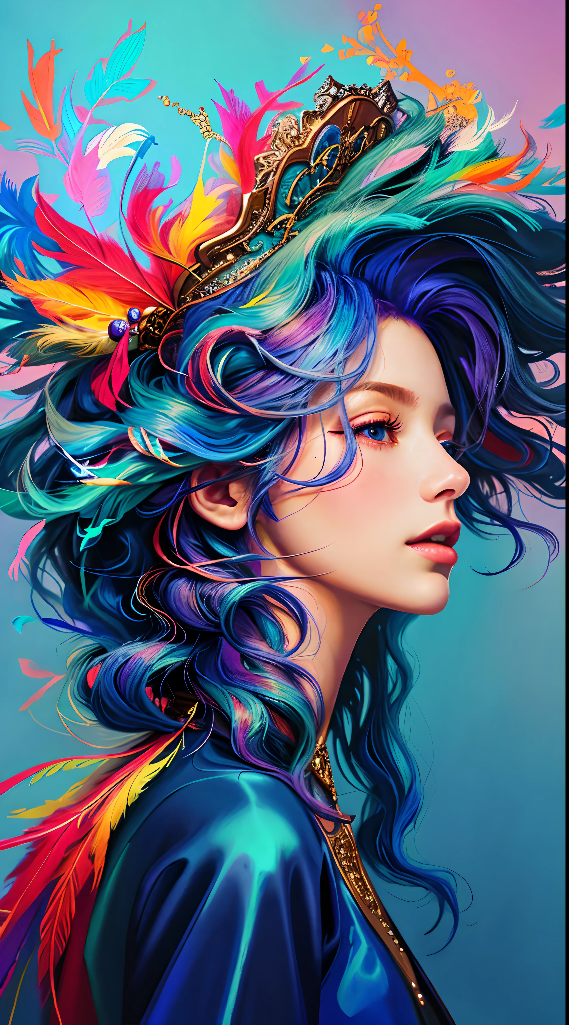 Une peinture d'une femme avec des cheveux colorés et des plumes sur la tête, bel art numérique, Illustration d&#39;Alessandro Pautasso, illustration numérique exquise, magnifique bel art numérique, peinture numérique colorée, bel art coloré!, Bel art UHD 4K, Peinture numérique vibrante, bel art numérique, illustration en couleur, art de la peinture numérique, superbe illustration numérique, art fantastique numérique coloré