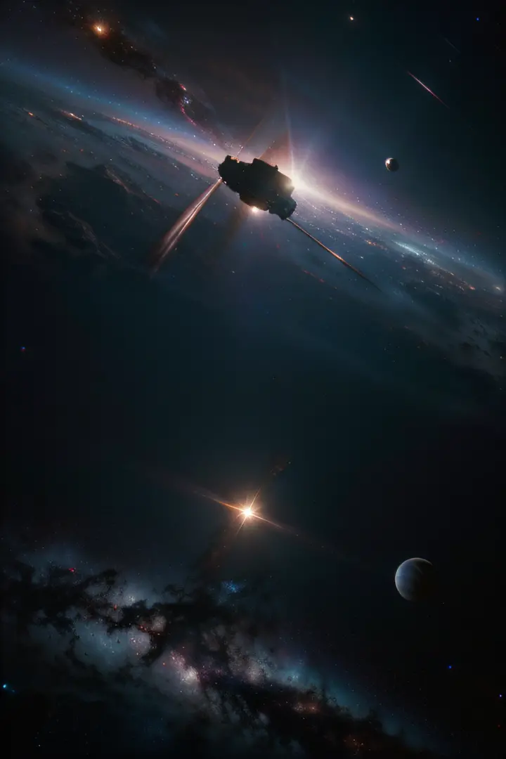 Main subject: Spacecraft sailing through space towards a planetary system.
Background: Deep space with nebulas and galaxies.
Type of shot: Wide Shot.
Camera: Space DSLR Camera.
Film: High-Resolution Color Film.
Lens and perspective: Wide Angle Lens.
Lighti...