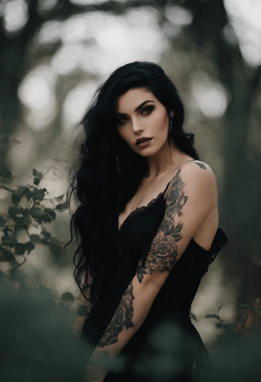 A woman with long black hair and tattoos standing in a forest - SeaArt AI