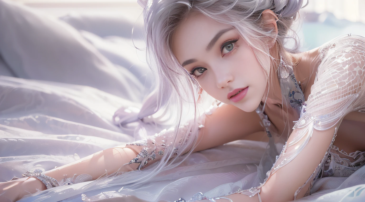 ((tmasterpiece:1.4)、(top-quality:1.4)、(reallistic:1.7))、By Luis Royo（By Luis Royo）Surreal portrait of a beautiful girl、Super beautiful girl、((1girl in:1.4))、Shiny natural skin texture、Authors：By Luis Royo（By Luis Royo）、age19、(Two arms:1.4、Two legs:1.4)、(perfect anatomia:1.4)、(Perfect female body:1.4)、Portrait photo of a girl、Close-up photos、Full body shooting、((masutepiece:1.4), (of the highest quality:1.4), (Realistic:1.7), By Luis Royo, Beautiful Girl, Super beautiful girl, ((1girl in:1. 4), Shiny natural skin texture, Authors: By Luis Royo, 19 years old, (Perfect female body: 1.4), (Perfect female body: 1.) 4), Portrait photo of a girl, Close-up photos, （Full body photo）, Fantasy Art, Soft front light, Beautiful expression, Kawaii face, Beautiful breasts, Large Full Breasted: 1. 2, Beautiful buttocks, Fine eyes, Clear and eye-catching, beautiful and alluring, Beautiful eyes, thin waist, Raw photo, Red lips, ((White hair, Long hair)) , 1 Screen View, ((Woman on all fours on silk bed)), (sexyposture), (the milky way in the sky),((T-back panties))、((White garters and garter belts))、(A smile),((posterior view))、((Looks Back))、((Vaginal orchids)）、((erection)）