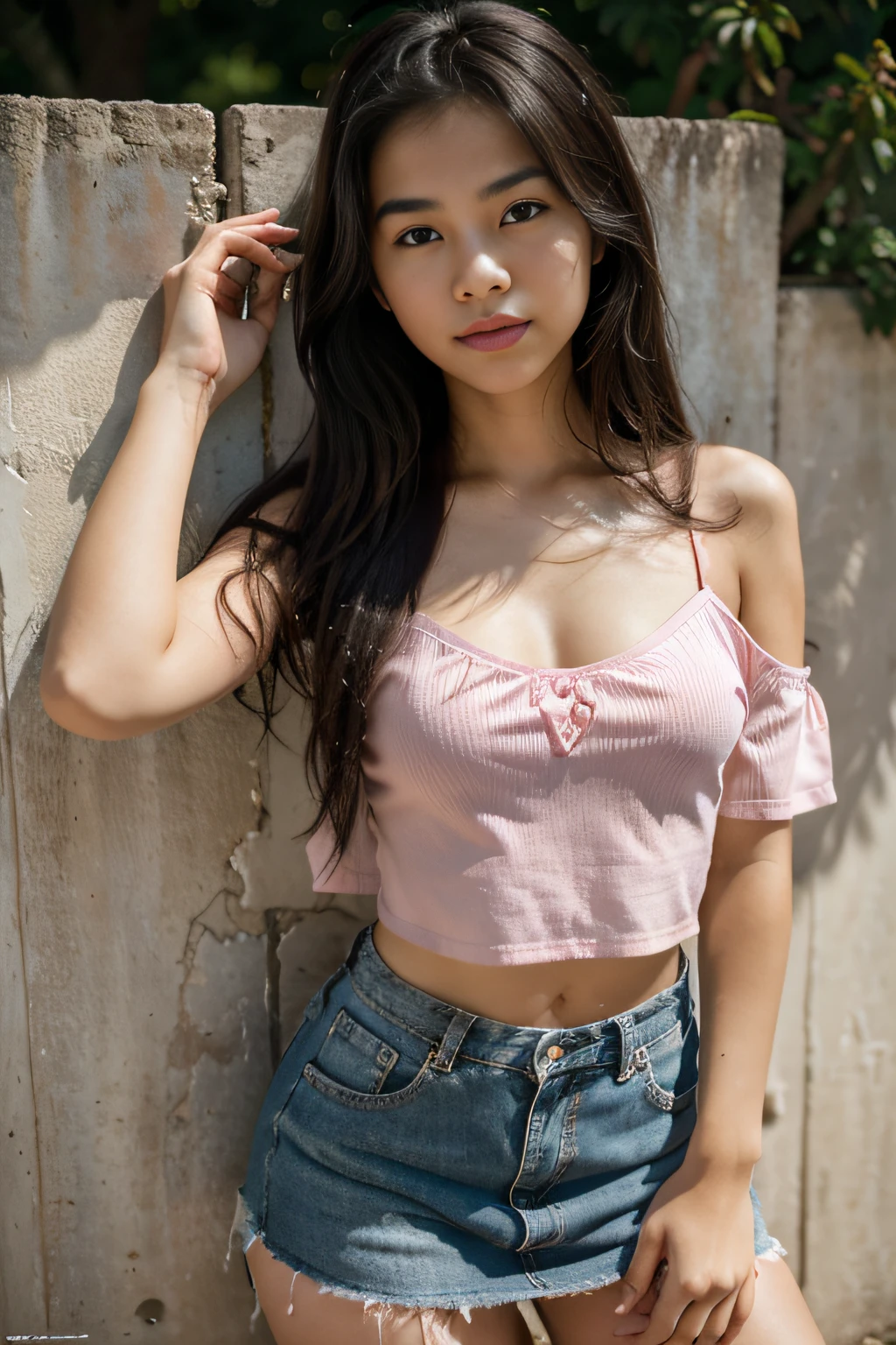 photo-realistic photo of preteen of  14-year old Asian girl, Black hair, Long hair, soft skin, pink complexion, perfect composition, pink lips, wearing loosing fitting spaghetti strap off the shoulder shirt, low waist mini skirt, natural lighting, outside, leaning against a wall, in the park, very young sexy and attractive gravure idol, trending on 