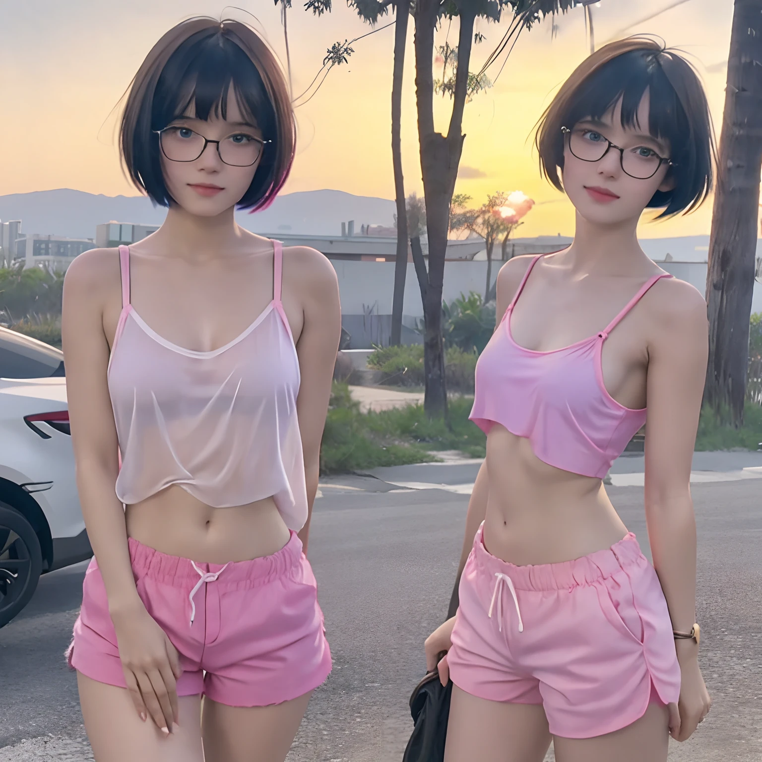 Two asian women in pink shorts and a pink top standing next to each other -  SeaArt AI