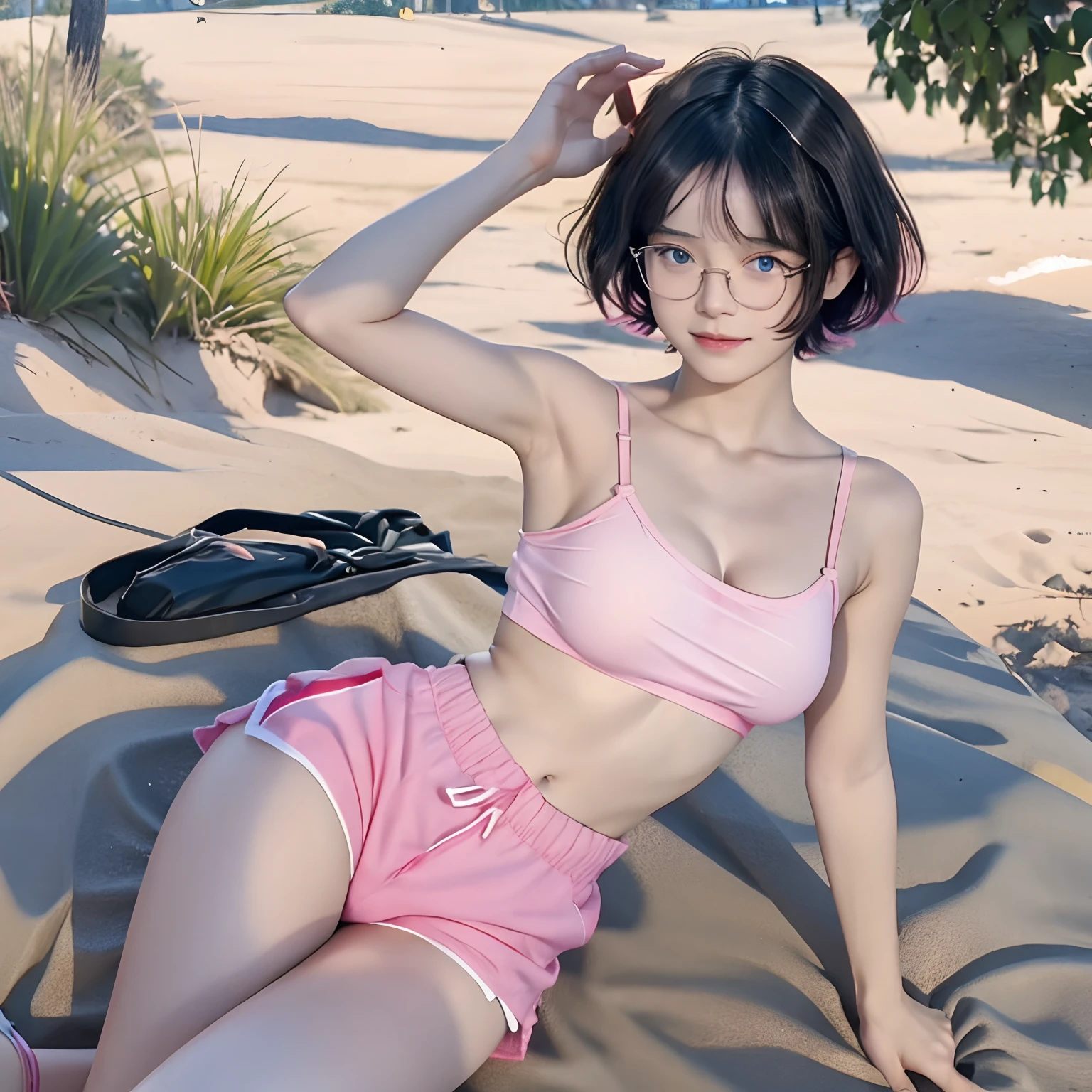 Araffe asian woman in pink underwear sitting on a blanket - SeaArt AI