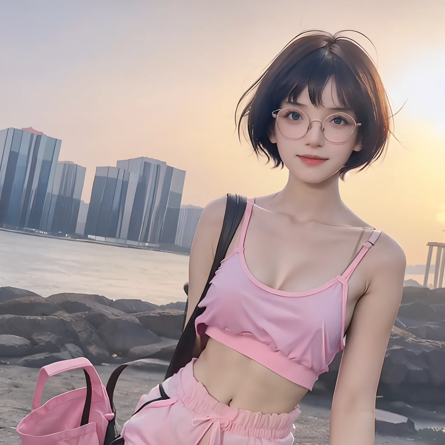 Arafed asian woman in pink top and shorts posing for a picture - SeaArt AI