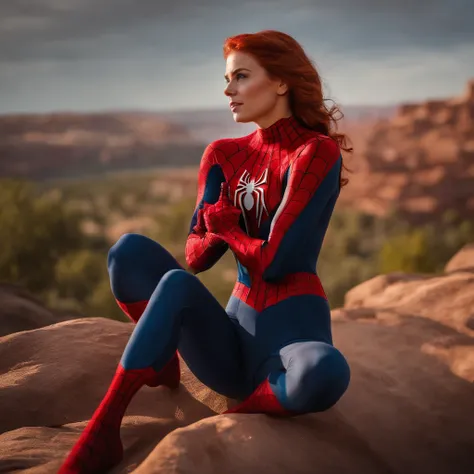 A woman in a spider - man suit sitting on a rock - SeaArt AI