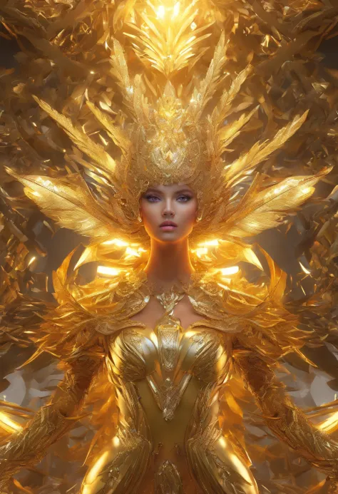 acid lighting, from below, hyperdetailed, hyper realistic, epic action full body portrait Incredible beautiful of Firebird girl with the merger between gold and fire, hypnotic opinion, fractal hair and feathers, detailed face | DamShelma | Bayard Wu, Ognje...