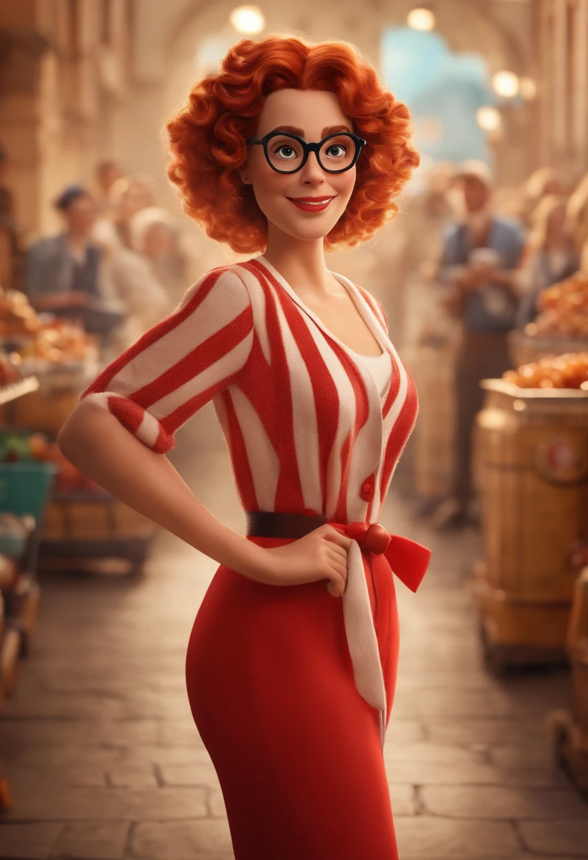 A woman in a red dress and glasses standing in a market - SeaArt AI