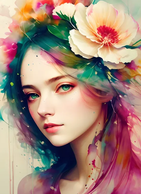 a abstract painting of woman blend with a flower by agnes cecile, luminous design, pastel colours, ink drips, dynamic lights, double exposure, artistic, aesthetic, unique