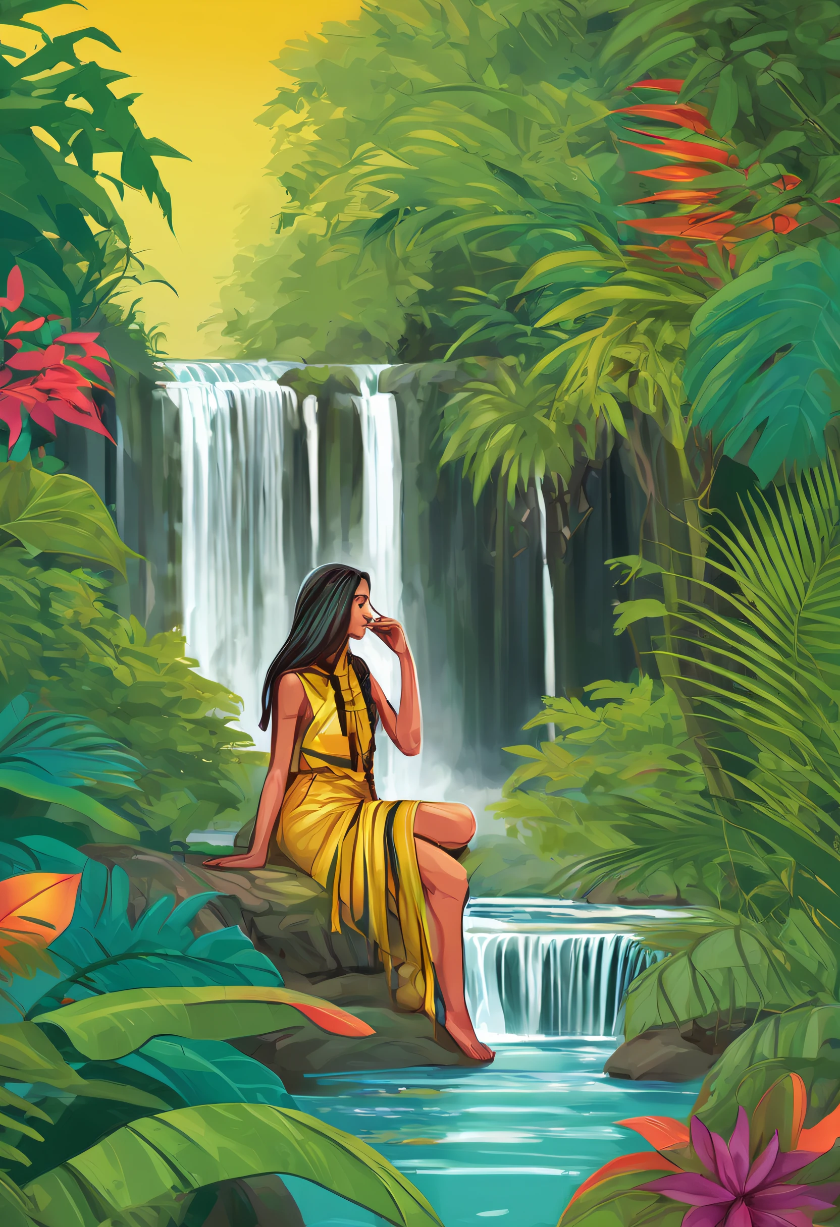 丛林色彩中的瀑布和女人原住民的插图