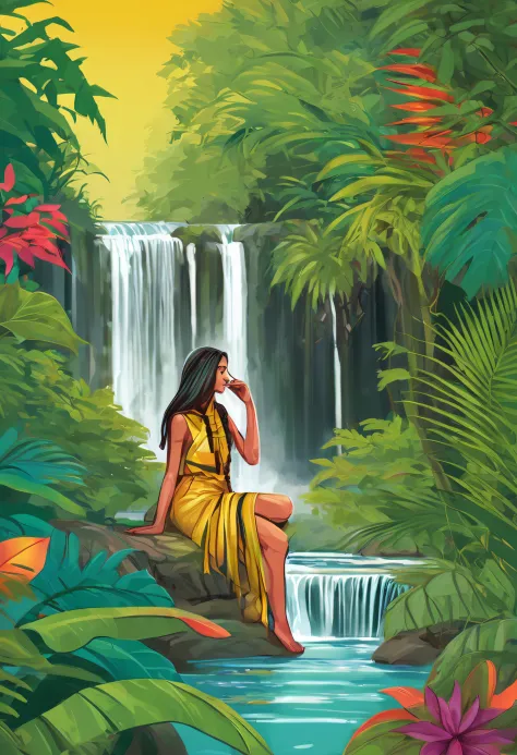 Illustration of waterfalls in the jungle colors and woman nativa