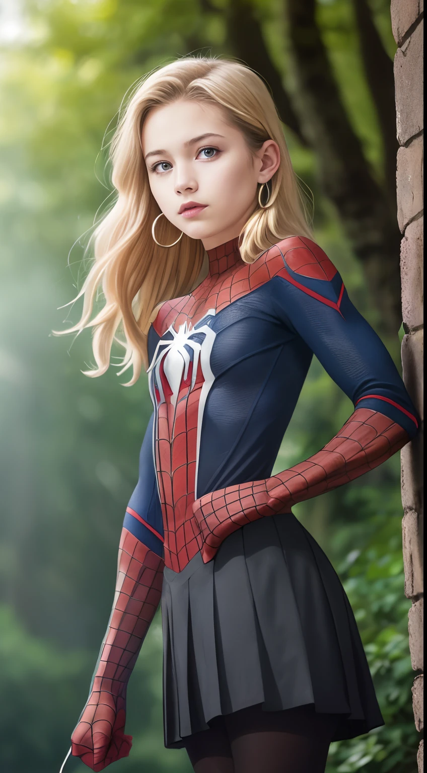 ((Pre-teen in spiderman uniform)), beautiful girl, model body, big blue eyes, small breasts, long legs, medium hoop earrings, spiderman uniform, tiny pleated skirt, ((adult pantyhose thread 20 black)), low angle shot, very white skin, long hair, wavy hair, blonde hair, school in the forest, classroom, photorealistic, indirect lighting, volumetric light, specular light, ray tracing, hyperdetailed, best quality , ultra-high resolution, HDR, 8k, soft focus, fog