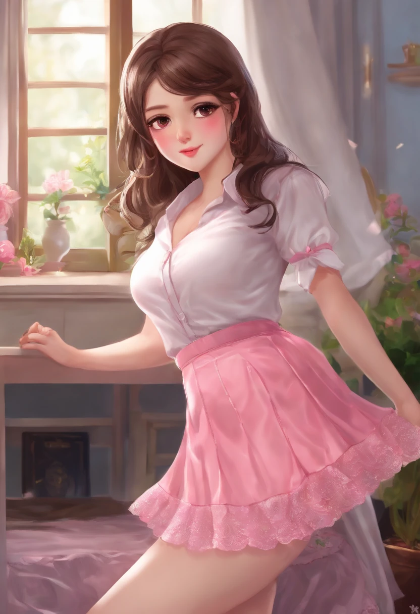 masterpiece, best quality, looking at viewer, bedroom, chubby little teen, dark brown hair and eyes, forehead, obscene, (((skirt lift up, and show pink panty))),((clothed)), cameltoe, nsfw