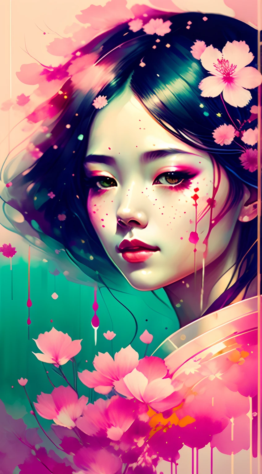 una pintura abstracta de una geisha mezclada con flores de cerezo por agnes cecile, diseño luminoso, colores pastel, intrincadas gotas de tinta detalladas, luces de otoño, ambiente alegre, exposición doble, artístico, Estético, Único