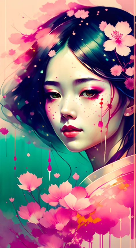 a abstract painting of a geisha blend with cherry blossoms by agnes cecile, luminous design, pastel colours, intricate detailed ...