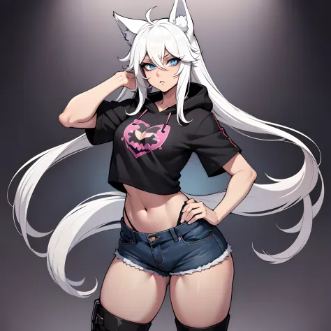 male, Anime Femboy, Short, has Long white hair, has wolf ears, has wolf tail, has blue eyes, wearing denim short shorts, thigh high fishnets, black combat boots, wearing cropped black hoodie, flat chest, super flat chest, solo femboy, only one femboy ((FLA...