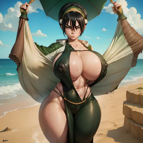 retrato (Solitario (Toph) 1girls aged up beach big breasts black hair blind breasts breasts out clothing embarrassed female female focus nipples ocean offscreen character outside pussy ripped clothing sand sweat thick thighs umbrella wide hips