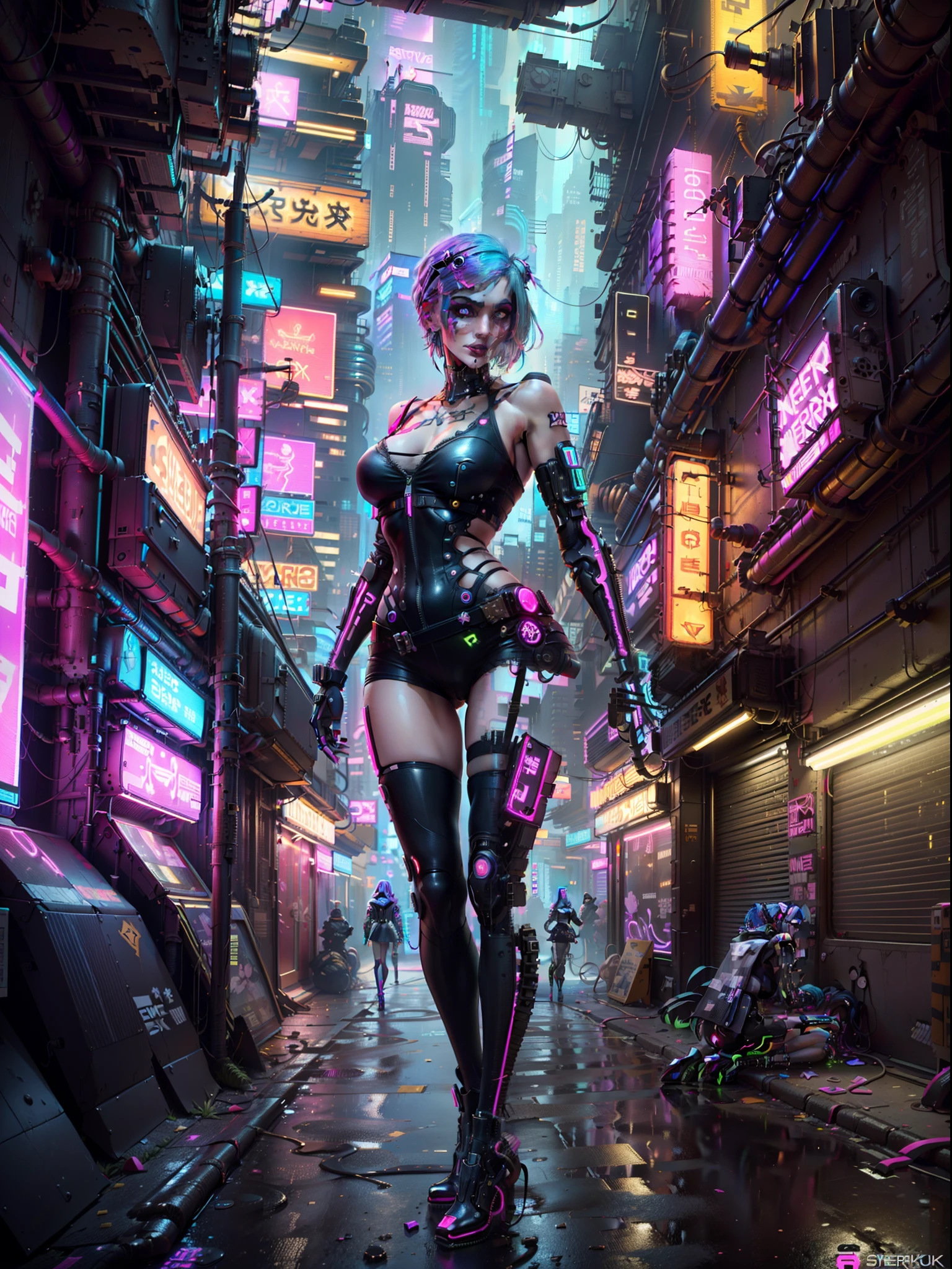 (((Close up cowboy shot))),masterpiece, top quality, best quality, official art, beautiful and aesthetic:1.2),(1 Sofia Boutella cyberpunk girl:1.4),([pink|blue] hair:1.5),((extreme detailed face)),(fractal art:1.3),(colorful:1.5), ((highly detailed face)), hyper detailed,(Mechanical modification:1.3),(modification:1.2),Maiden,(complex mechanical conduit is inserted into the back:1.5),(neon background:1.4),(neon city:1.75),night,large breasts, thigh gap, camel toe, (gothic_lolita:1.2),high heels,(:0.75),makeup,blush,(cyberpunk:1.4),((looking at viewer:1.3))