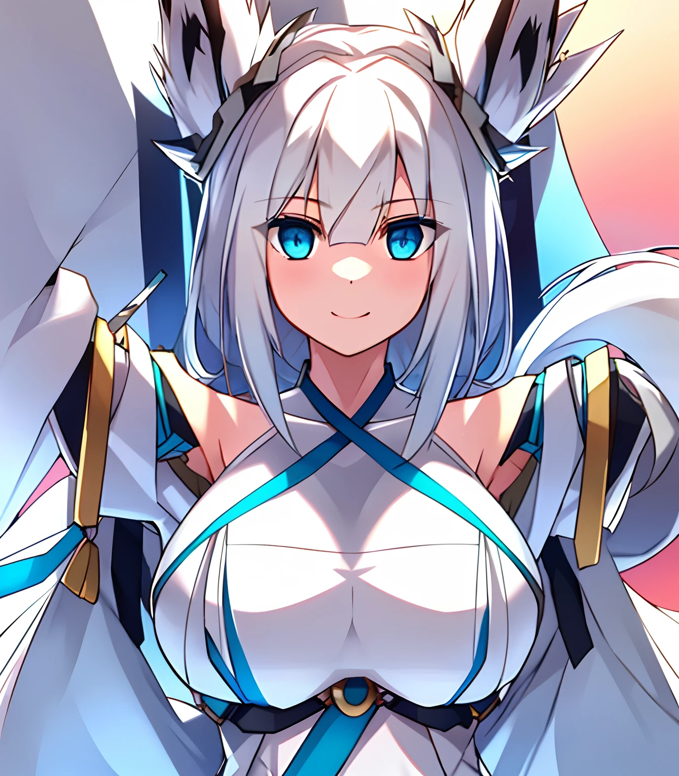 1 girl, furry female, White fox, masutepiece, Light blue eyes, teats, barechested, chest larger than the head, \: