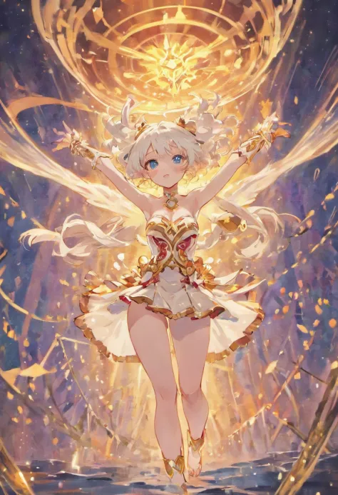 A girl with white hair in wavy style and red eyes wearing her White and gold magical outfit consists of a white strapless bra and white bikini briefs with boots