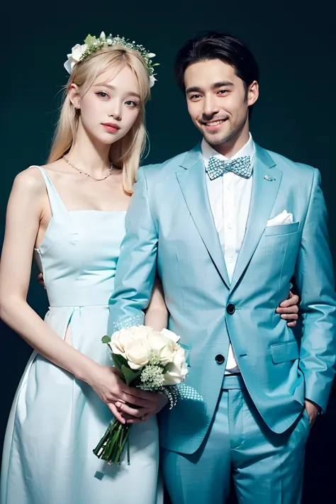 （man and girl hug:1.2），man looking at girl，（The girl looks at the camera），（white backgrounid:1.2）， girl with baby green pastel dress，baby blue pastel suit，Bouquet in the hands of a woman，simplebackground，delicated，There are flowers on the head to decorate，...