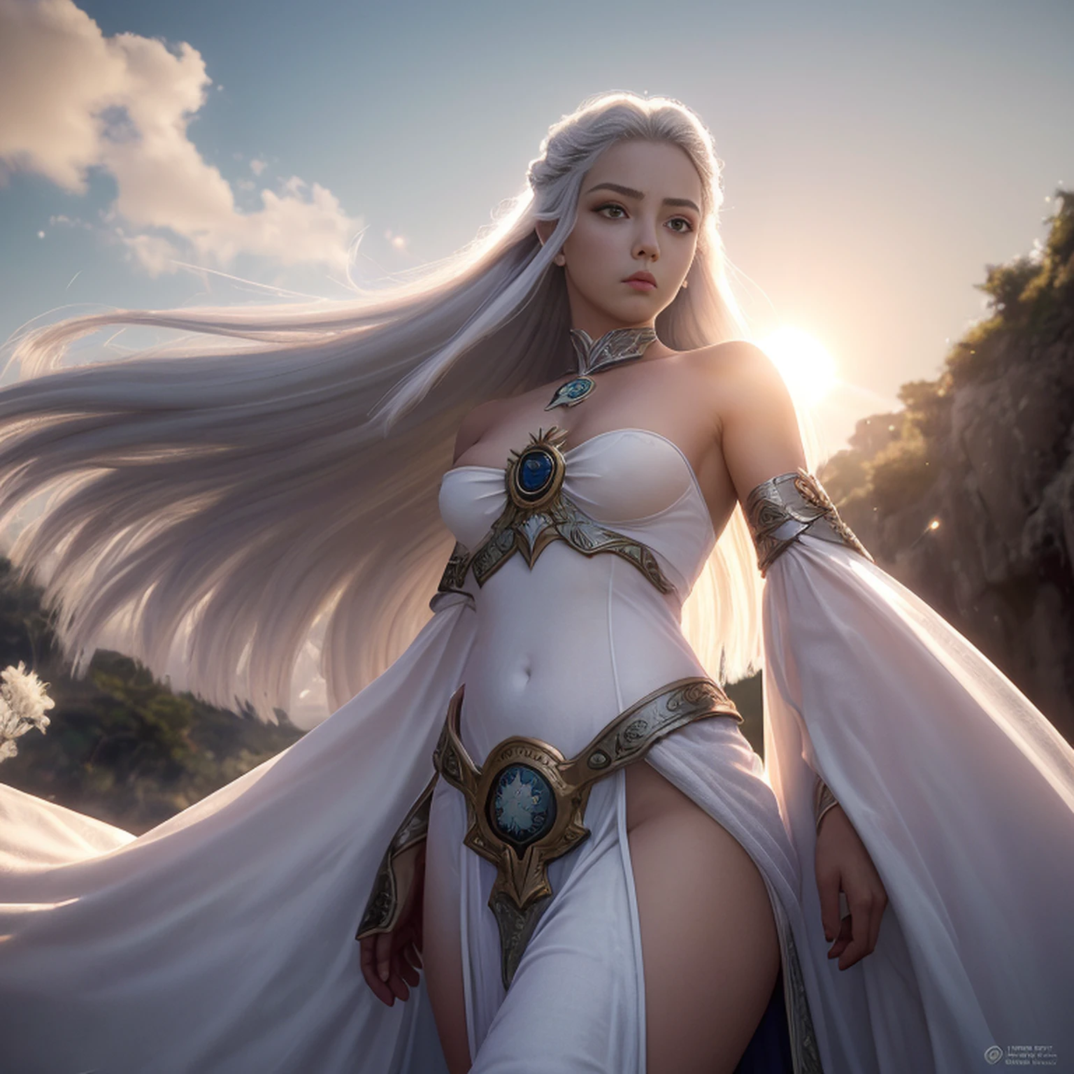 1 high elf woman, white hair and beautiful,, best qualityer, (Beauthfull), 1 , Scenario-based rendering, narrow waisted, Scrawny, eyes large, Legs long, (breasts small), Swollen Eyes, facing a cliff, late afternoon, (sun sunset), facing at viewer, posture of fight, (holding a sword and shield), a cold expression, golden armor all over the body