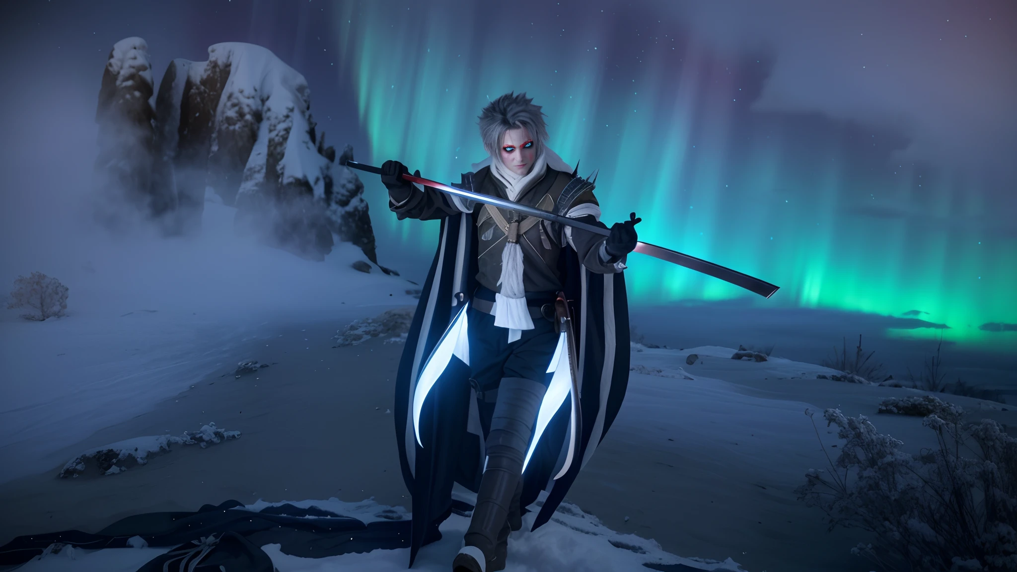 masterpiece, highly detailed photorealistic 8k raw pohoto, best cinematic quality, volumetric shadows, volumetric lighting, perfect 10k render, full body view, grey hair, spiky hair, red eyes, glowing red eyes, vampire, holding katana, unsheathing katana, vampire suit, aurora, northern lights