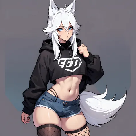 male, Feminine features, Short, has Long white hair, has wolf ears, has wolf tail, has blue eyes, wearing denim short shorts, thigh high fishnets, black combat boots, wearing cropped black hoodie, flat chest, super flat chest, solo femboy, only one femboy ...