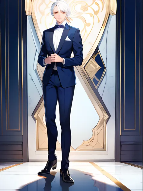 1boy, white hair, orange eyes, dark blue suit, standing on ground, high res, ultra sharp, 8K, masterpiece