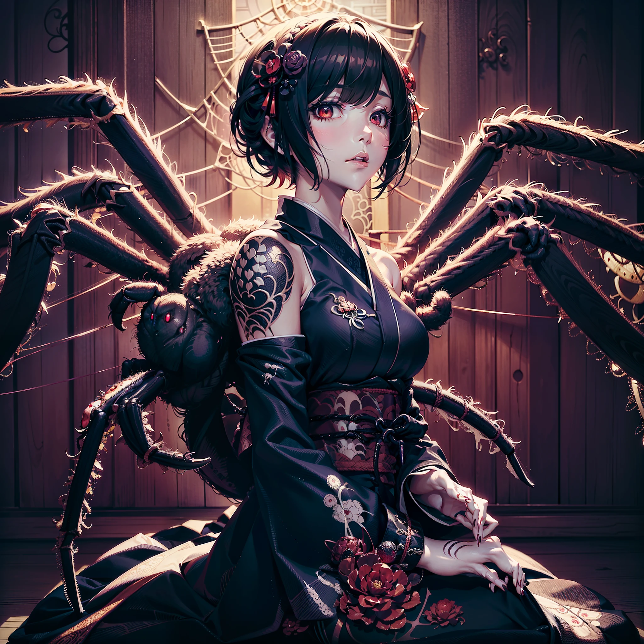 Beautiful girl fused with a spider. Girl in Japanese style gothic dress. ((Female Solo. 1.1)) . hiquality. Dark fantasy style illustration. she has short hair. ratex. Shining eyes. Spider legs extending from behind her. tarantula. Embroidery with a spider web pattern. Spider web tattoo. monstergirl. Dark indoor. Wooden house.