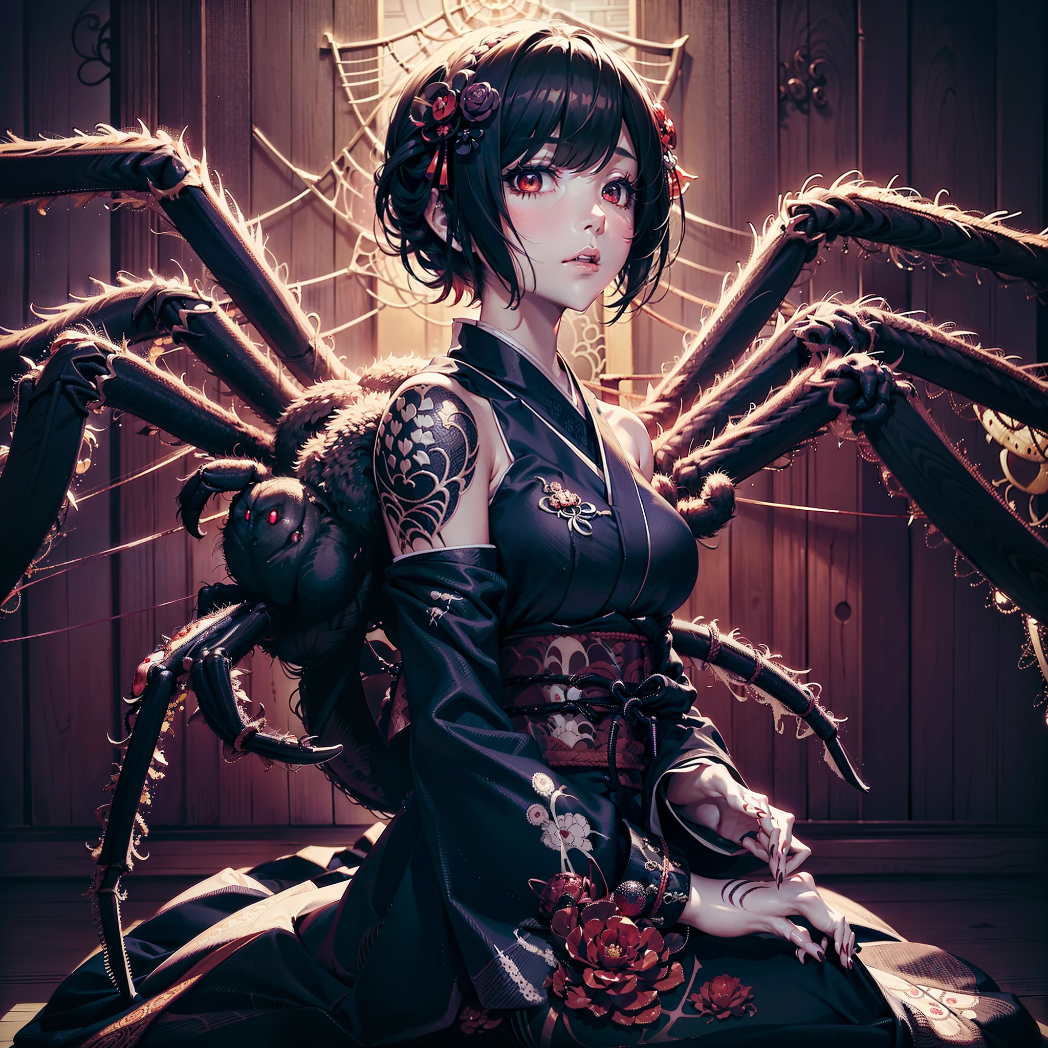 Linda garota fundida com uma aranha. Menina no vestido gótico estilo japonês. ((solo feminino. 1.1)) . alta qualidade. Ilustração em estilo fantasia sombria. Ela tem cabelo curto. taxax. olhos brilhantes. Pernas de aranha se estendendo por trás dela. tarântula. Bordado com padrão de teia de aranha. Tatuagem de teia de aranha. garota monstro. Interior escuro. casa de madeira.